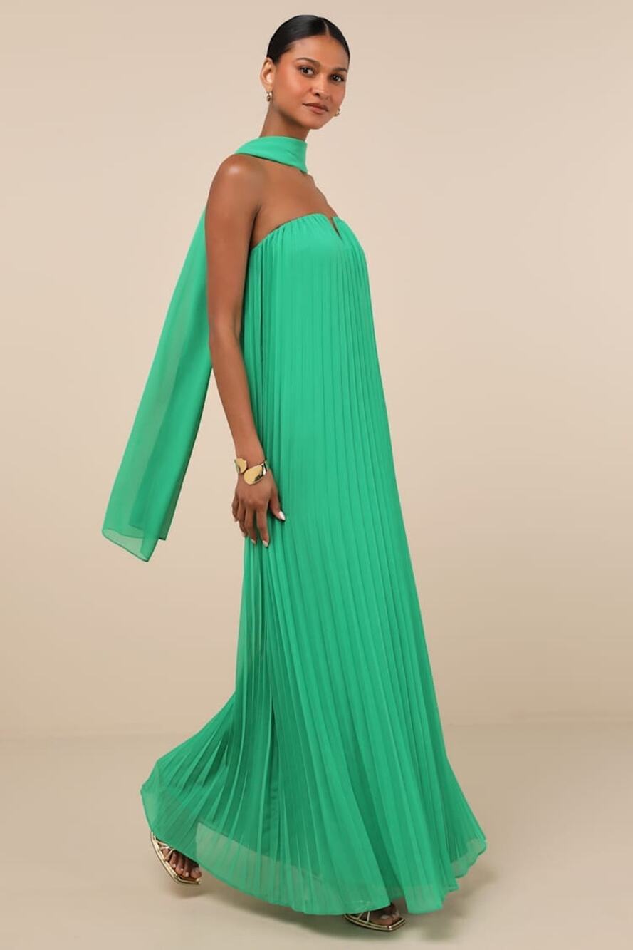 Lulus Lael Green Pleated Strapless Dress and Scarf Set Wedding Holiday Small